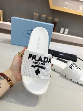 Prada Cloudbust Slide White Mesh Embroidered Logo Slippers 9