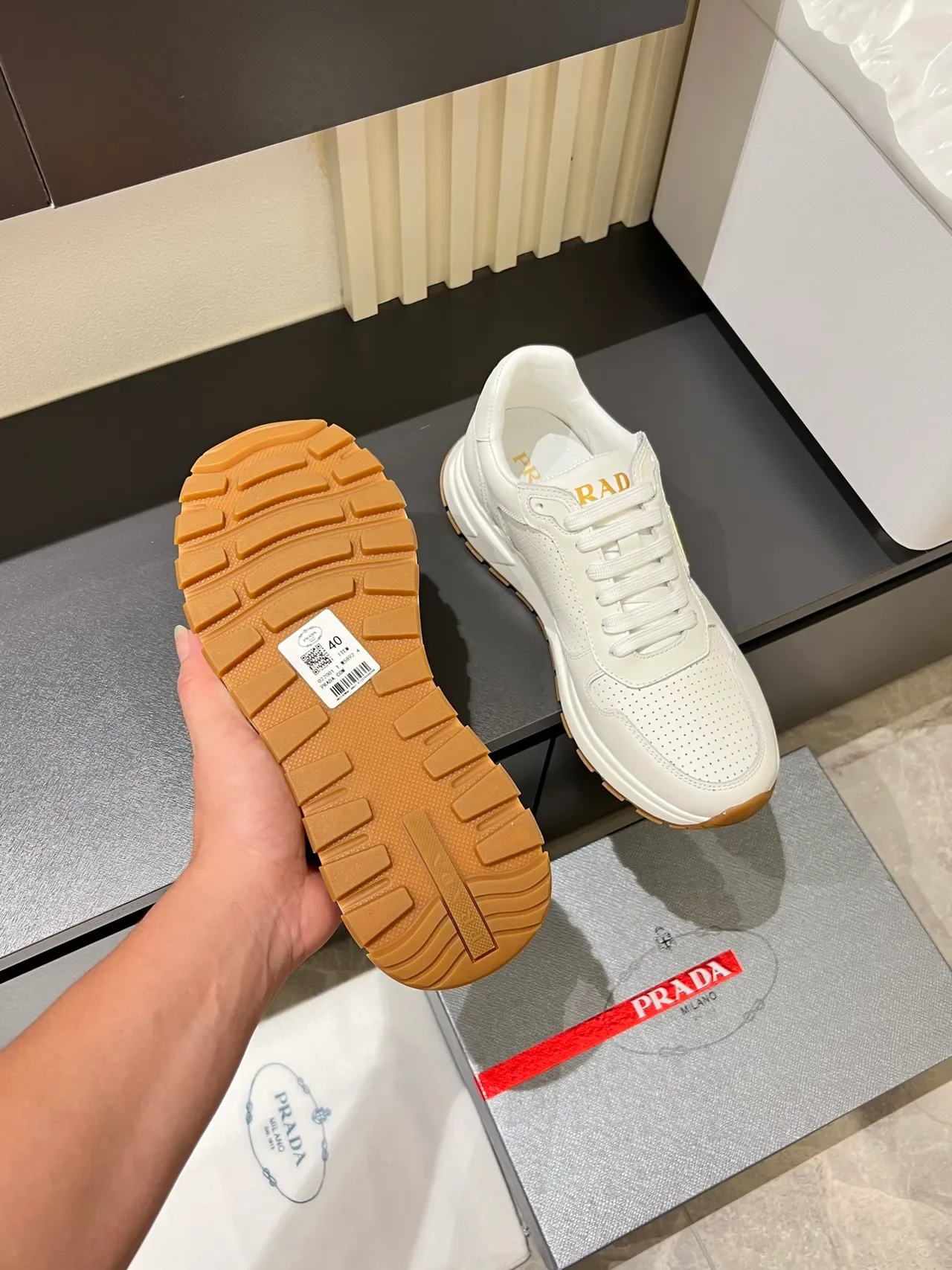 Prada Cloudbust White Beige Perforated Leather Triangular Logo Plaque Lifestyle Sneakers 3