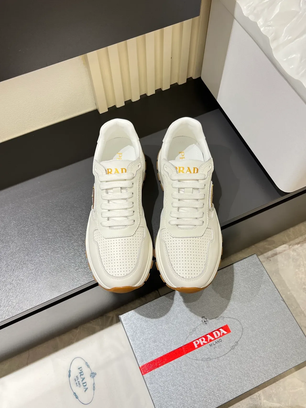 Prada Cloudbust White Beige Perforated Leather Triangular Logo Plaque Lifestyle Sneakers 5