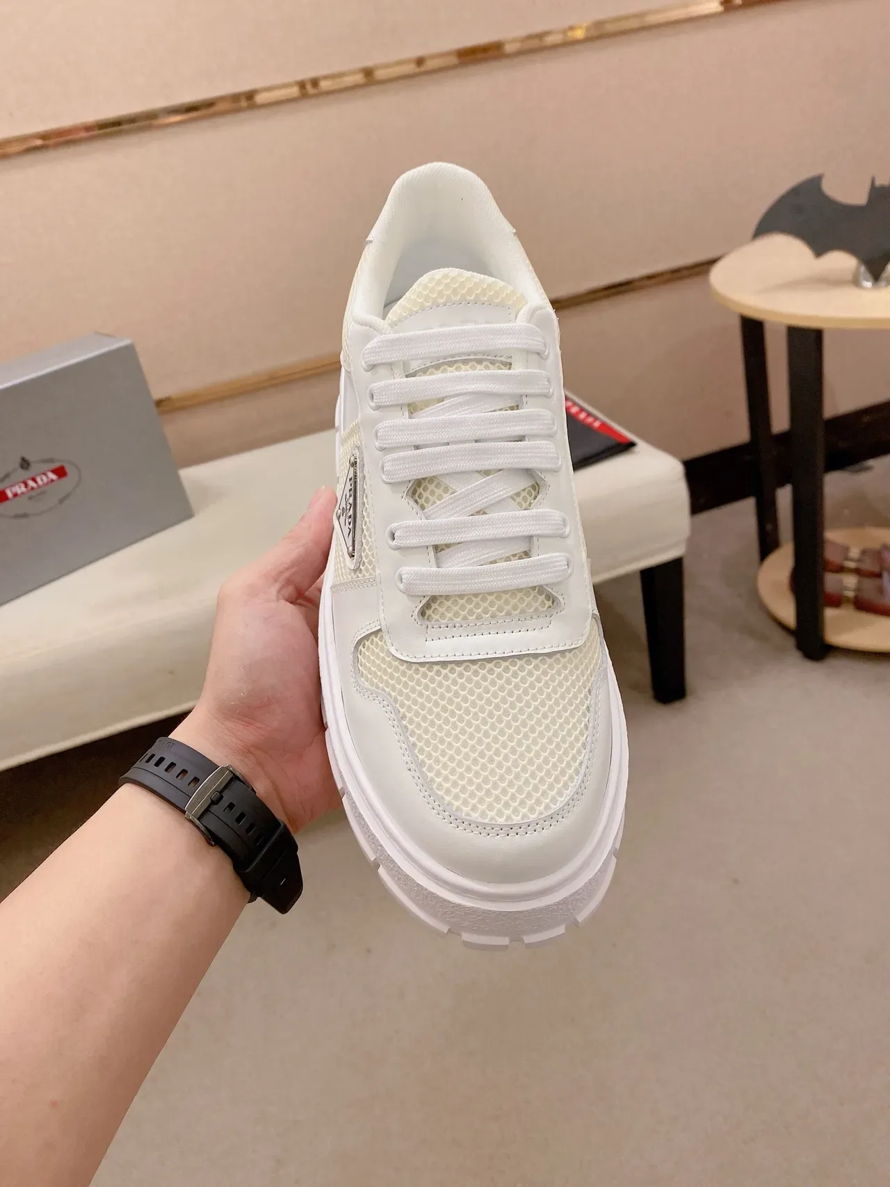 Prada Cloudbust White Beige Platform Sole Mesh-and-Leather Upper Chunky Sneakers 5