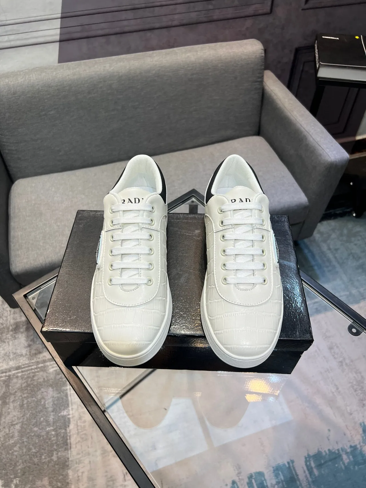 Prada Cloudbust White Black Crocodile-Embossed Leather Triangular Logo Plaque Lifestyle Sneakers 2