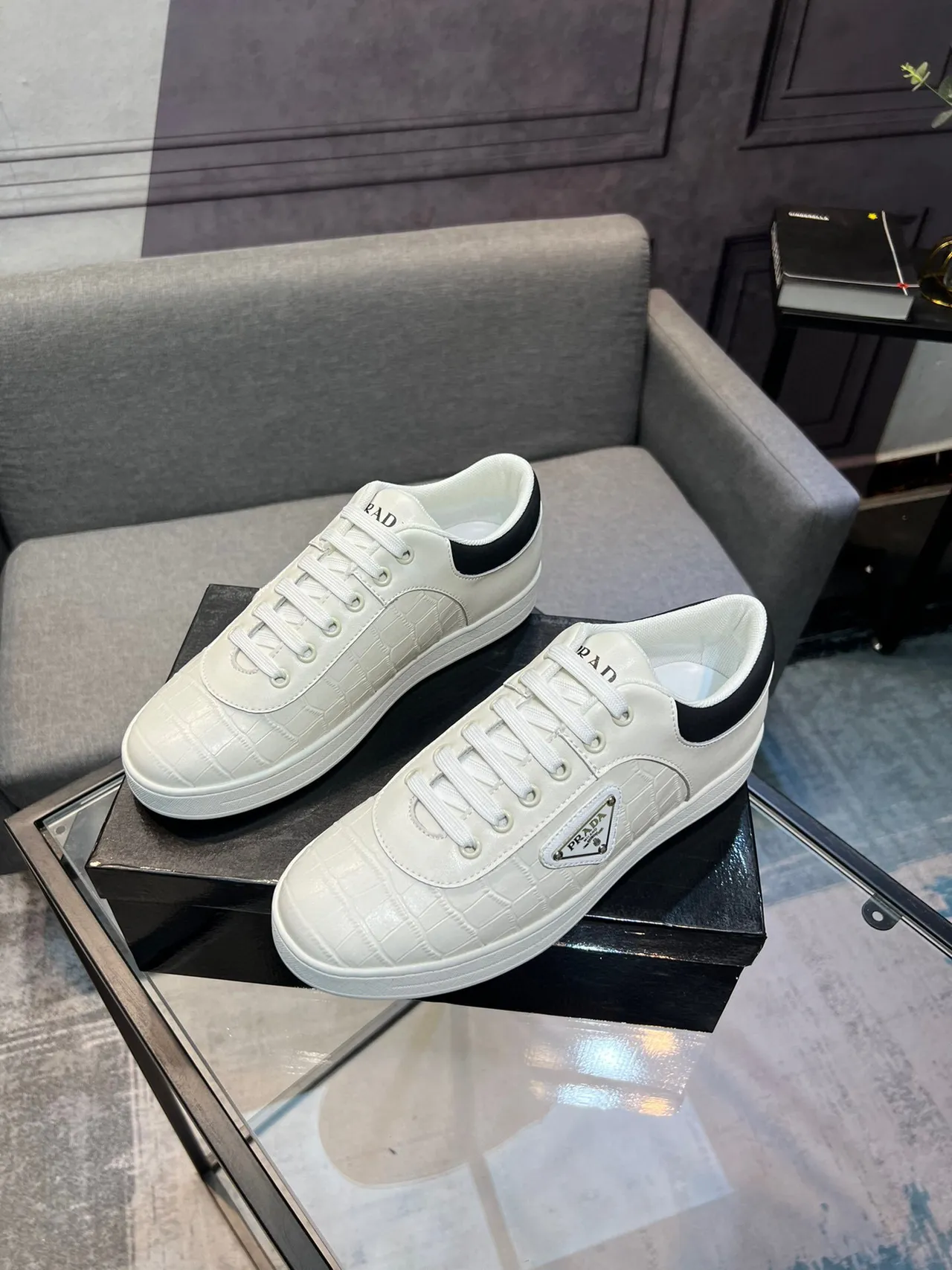 Prada Cloudbust White Black Crocodile-Embossed Leather Triangular Logo Plaque Lifestyle Sneakers 3