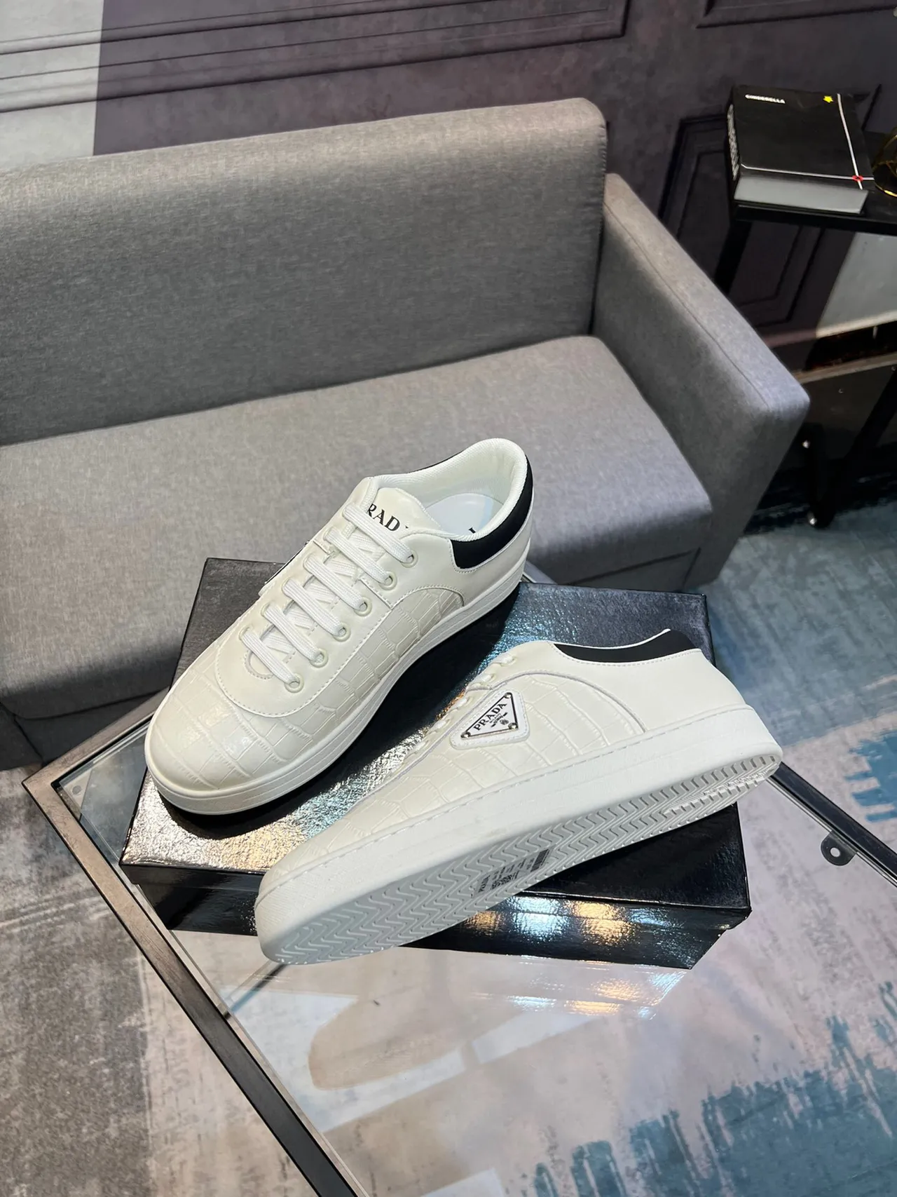 Prada Cloudbust White Black Crocodile-Embossed Leather Triangular Logo Plaque Lifestyle Sneakers 4