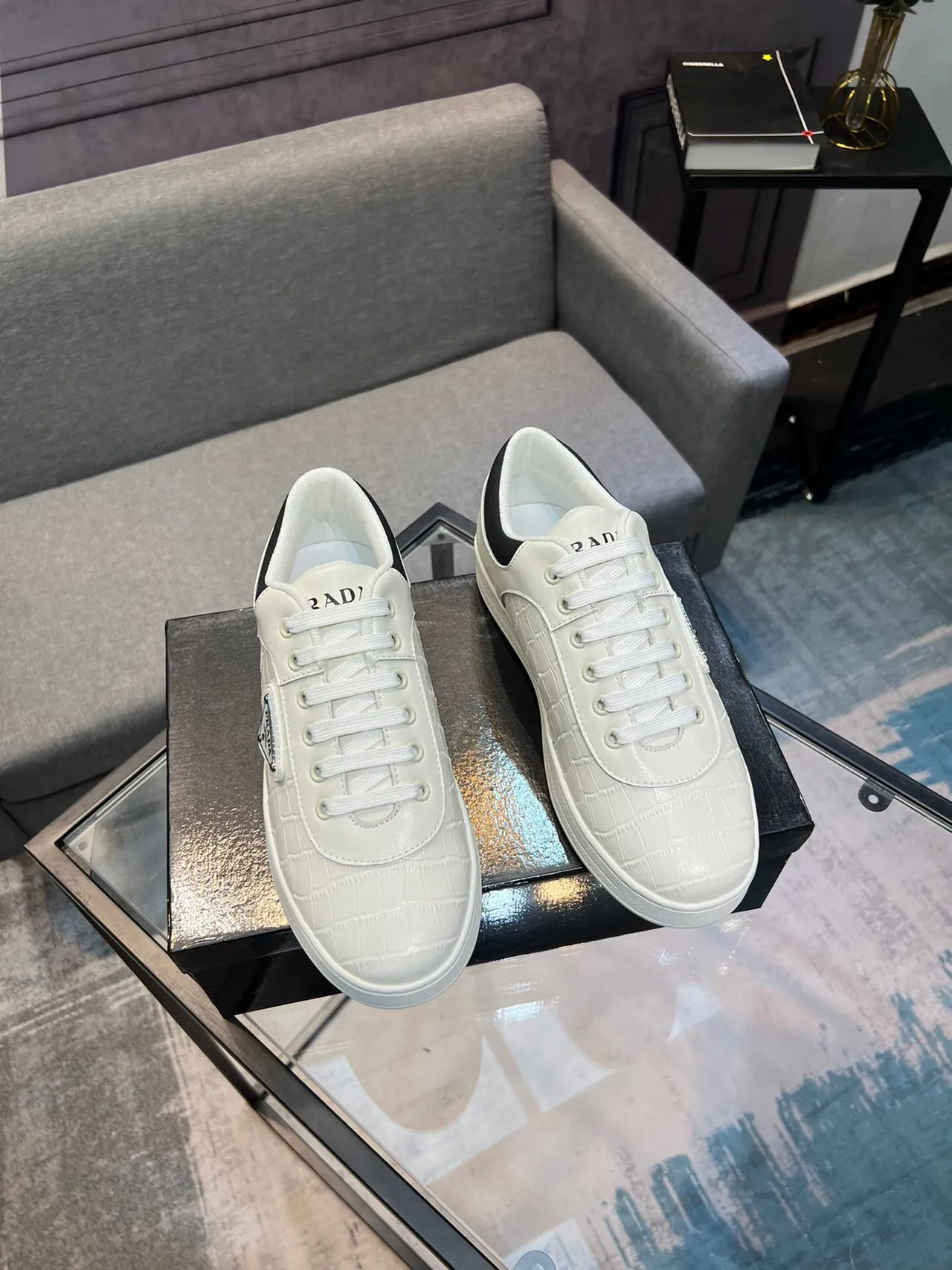 Prada Cloudbust White Black Crocodile-Embossed Leather Triangular Logo Plaque Lifestyle Sneakers 5