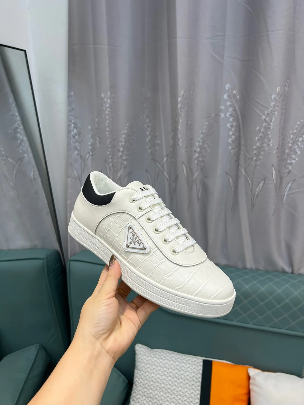 Prada Cloudbust White Black Crocodile-Embossed Leather Triangular Logo Plaque Lifestyle Sneakers 6