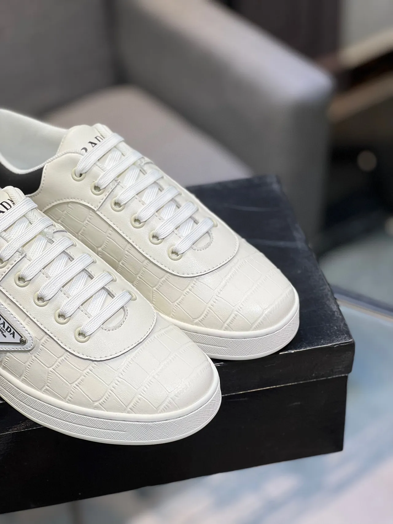 Prada Cloudbust White Black Crocodile-Embossed Leather Triangular Logo Plaque Lifestyle Sneakers 9