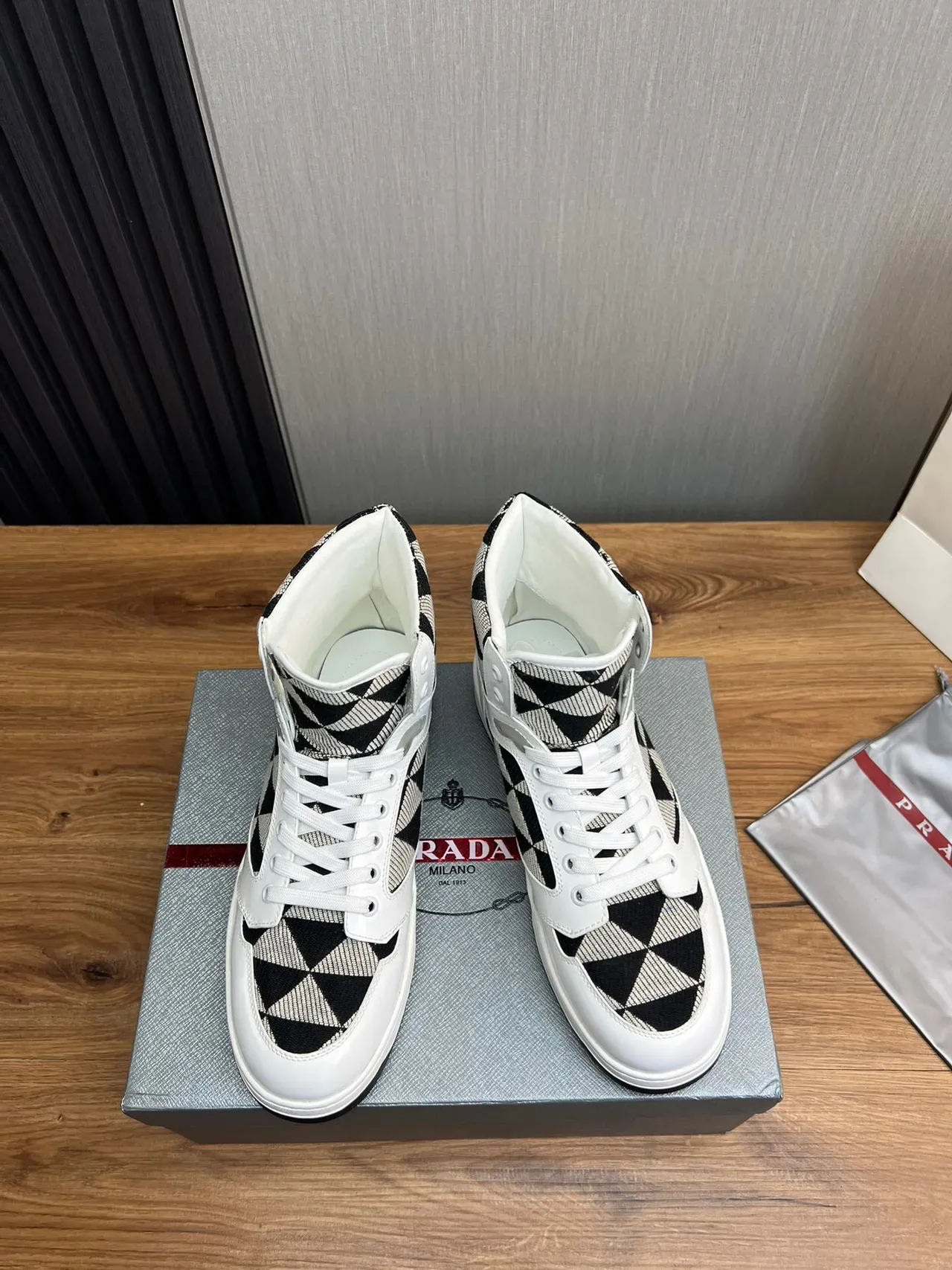 Prada Cloudbust White Black High-Top Glossy Leather Lifestyle Sneakers 2