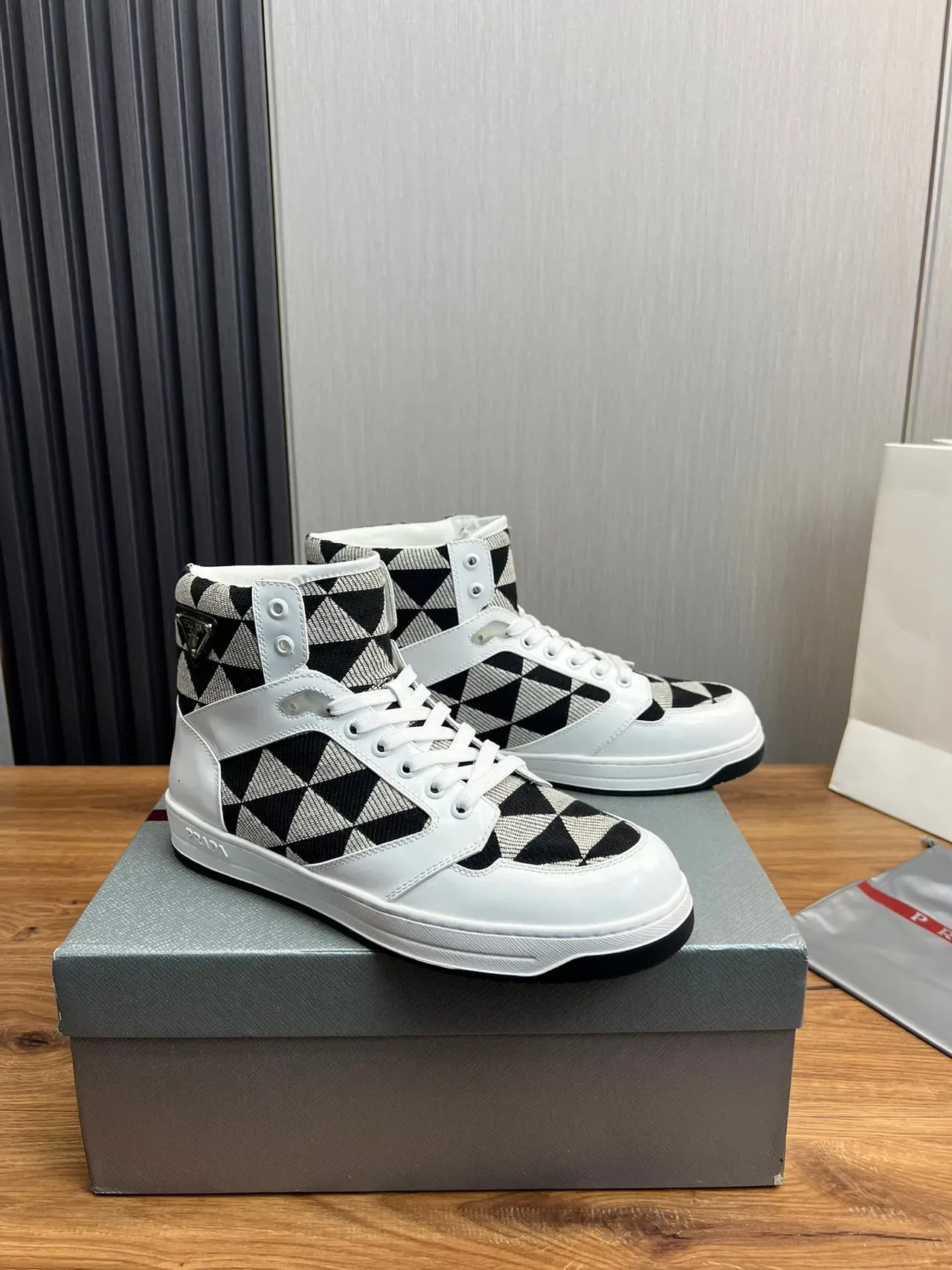 Prada Cloudbust White Black High-Top Glossy Leather Lifestyle Sneakers 3