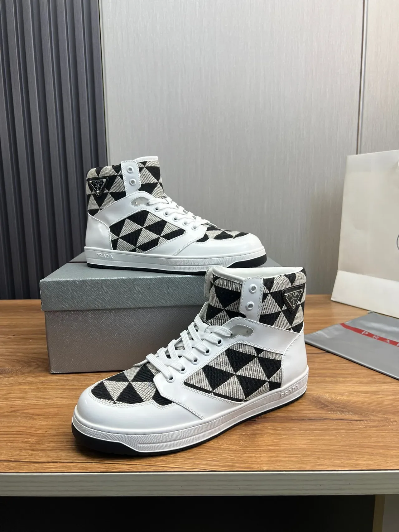 Prada Cloudbust White Black High-Top Glossy Leather Lifestyle Sneakers 4