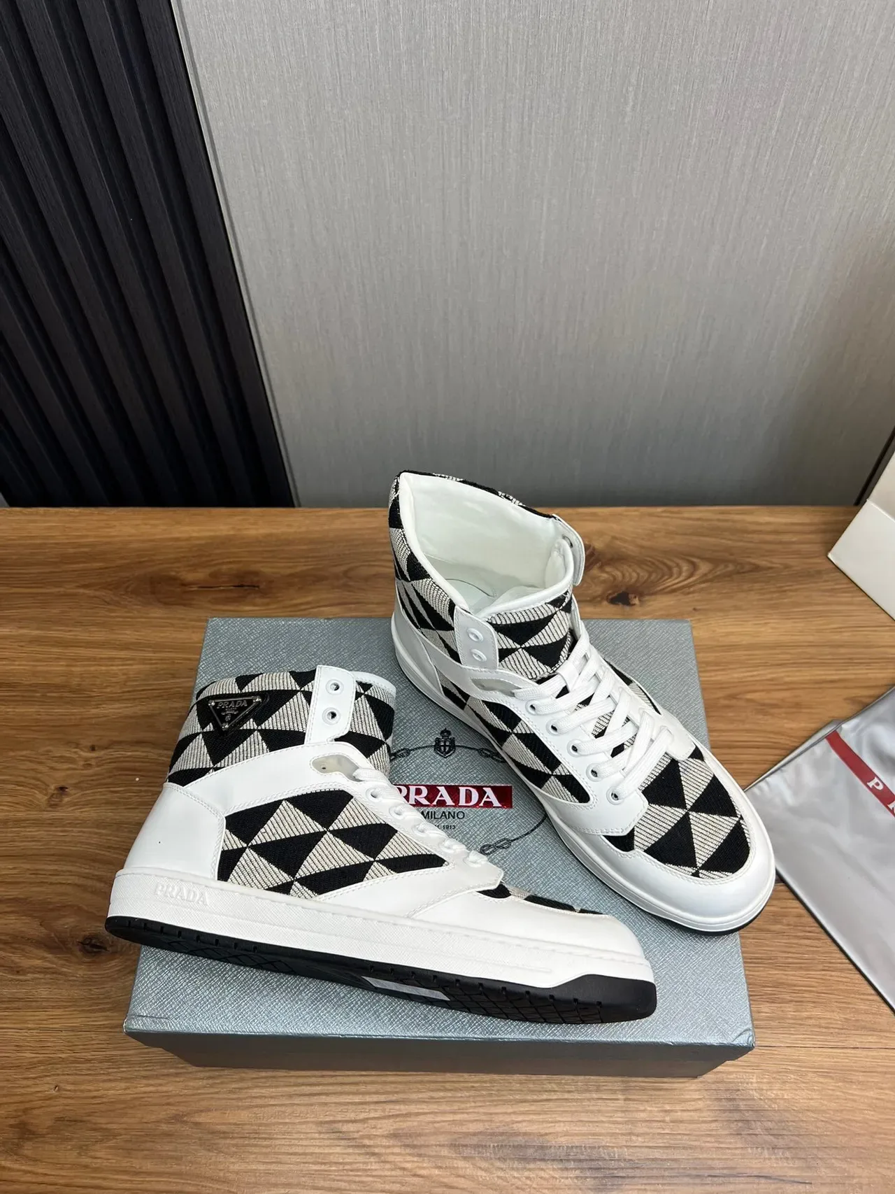 Prada Cloudbust White Black High-Top Glossy Leather Lifestyle Sneakers 6