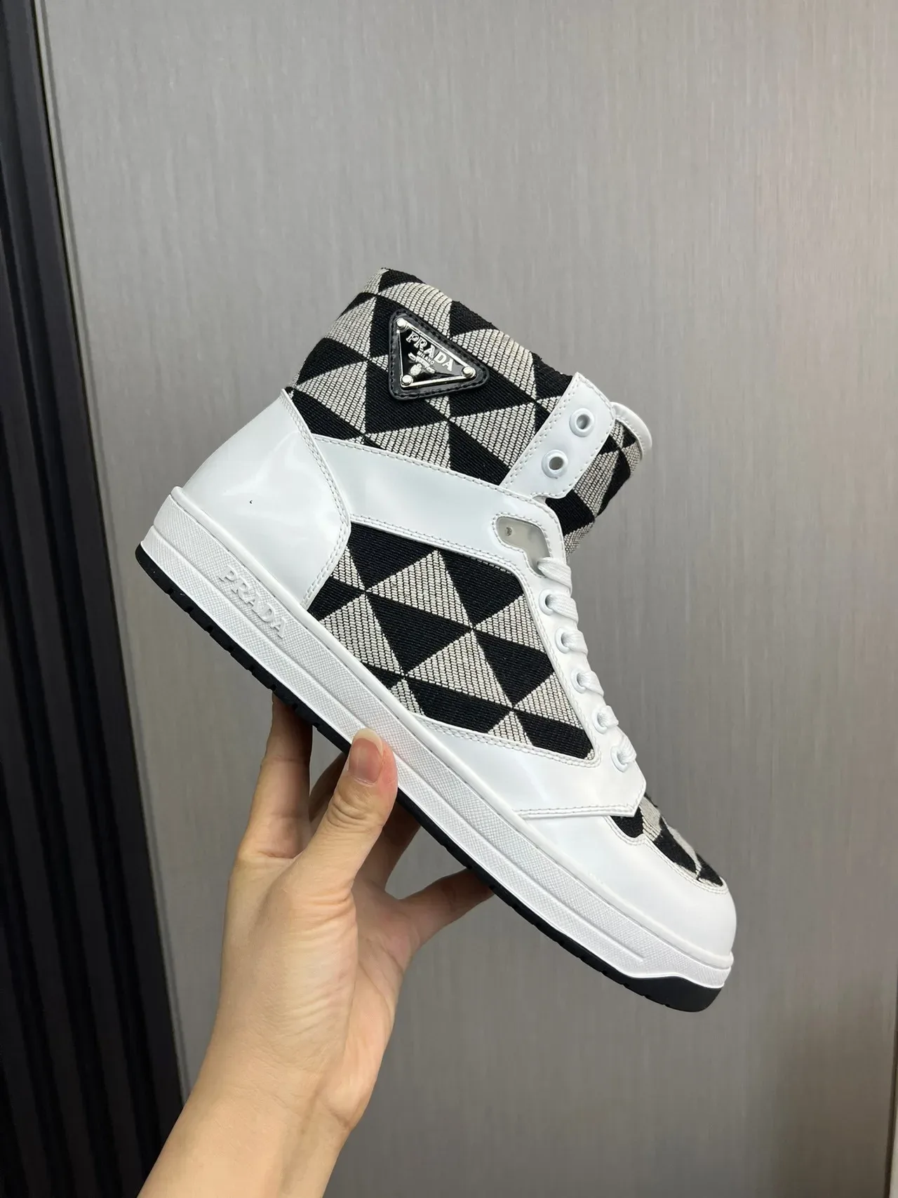 Prada Cloudbust White Black High-Top Glossy Leather Lifestyle Sneakers 7