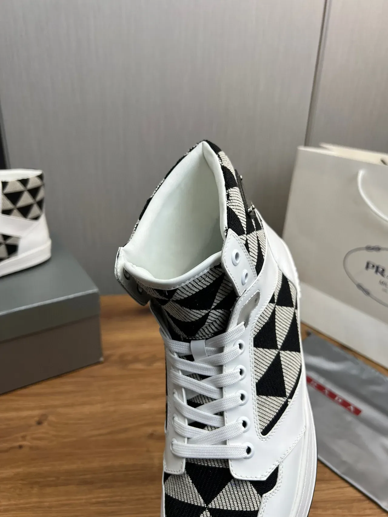 Prada Cloudbust White Black High-Top Glossy Leather Lifestyle Sneakers 8