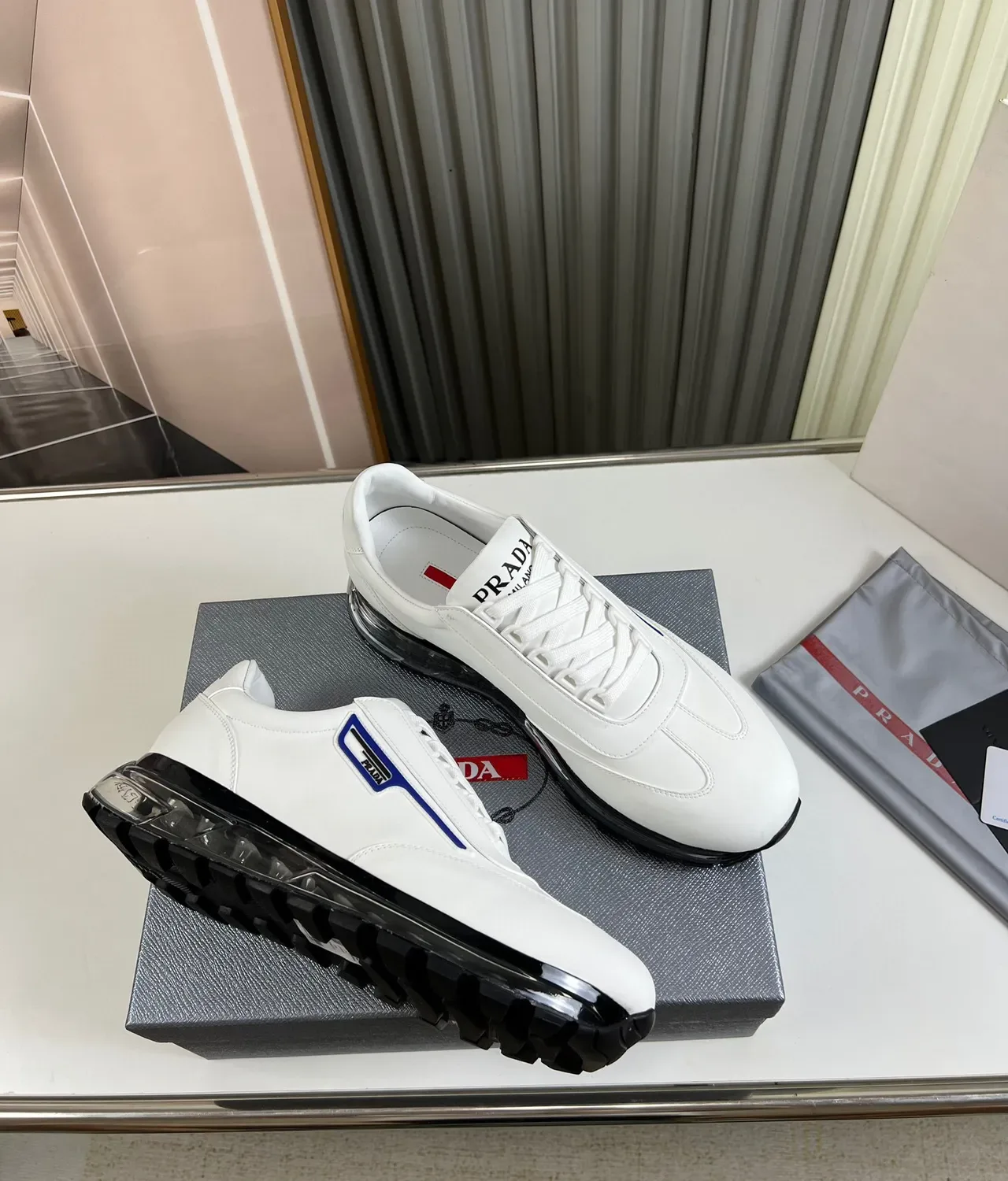 Prada Cloudbust White Blue Leather Upper Logo Stripe Lifestyle Sneakers 5