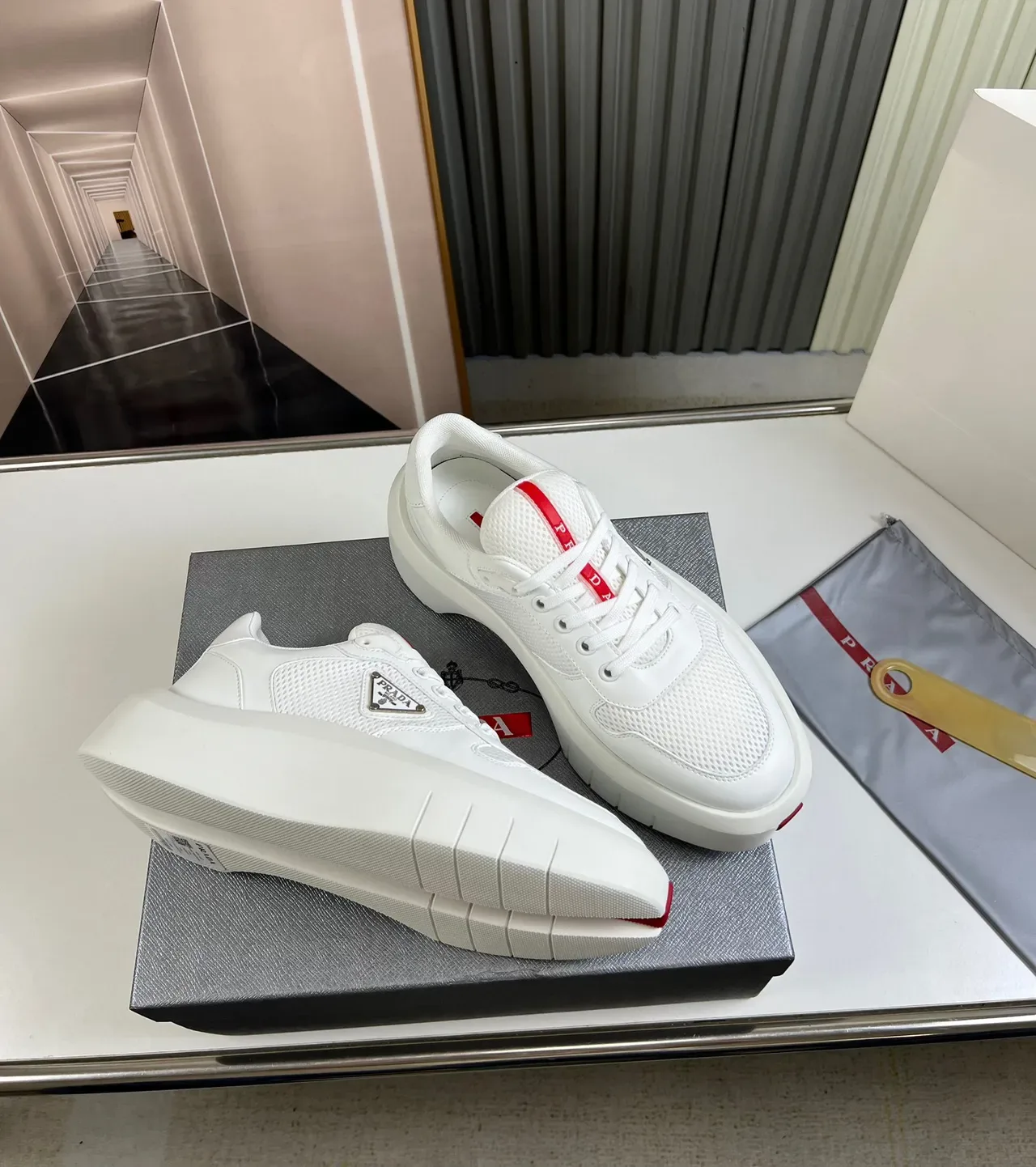 Prada Cloudbust White Red Platform Sole Mesh-and-Leather Upper Lifestyle Sneakers 5