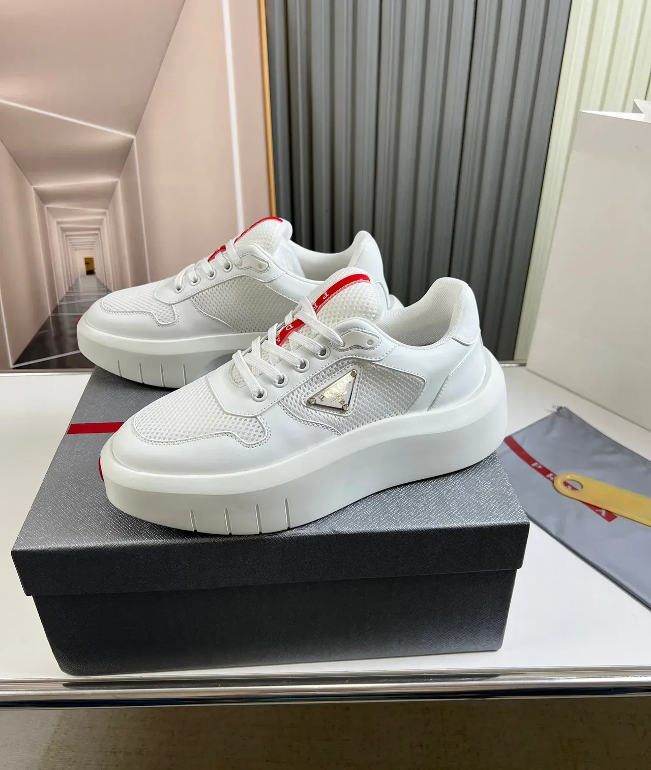 Prada Cloudbust White Red Platform Sole Mesh-and-Leather Upper Lifestyle Sneakers 7