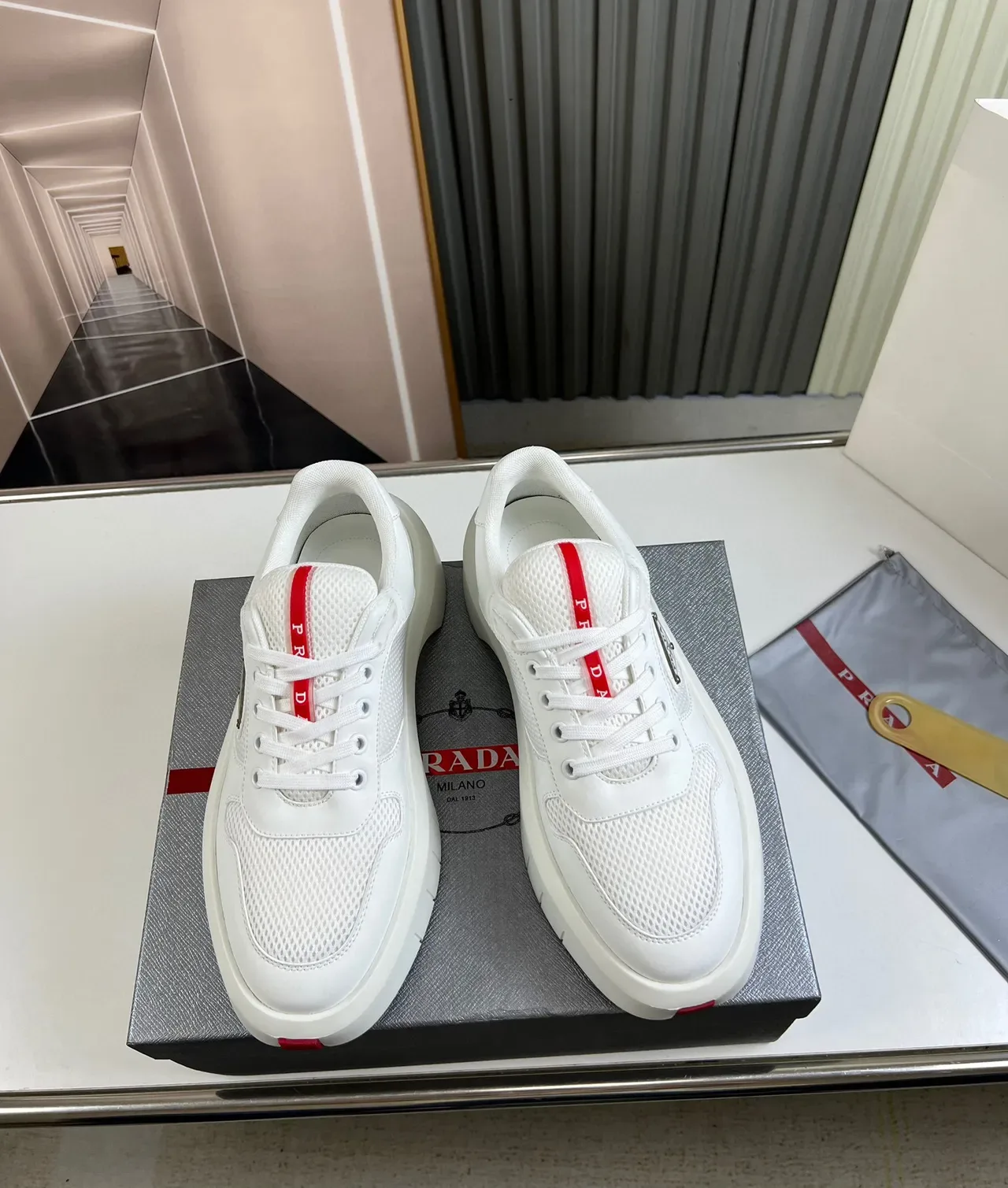 Prada Cloudbust White Red Platform Sole Mesh-and-Leather Upper Lifestyle Sneakers 9