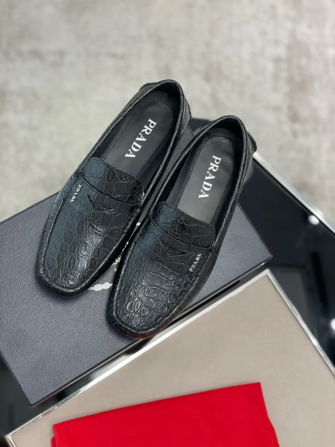 Prada Crocodile-Embossed Penny Loafer Black Loafers 2