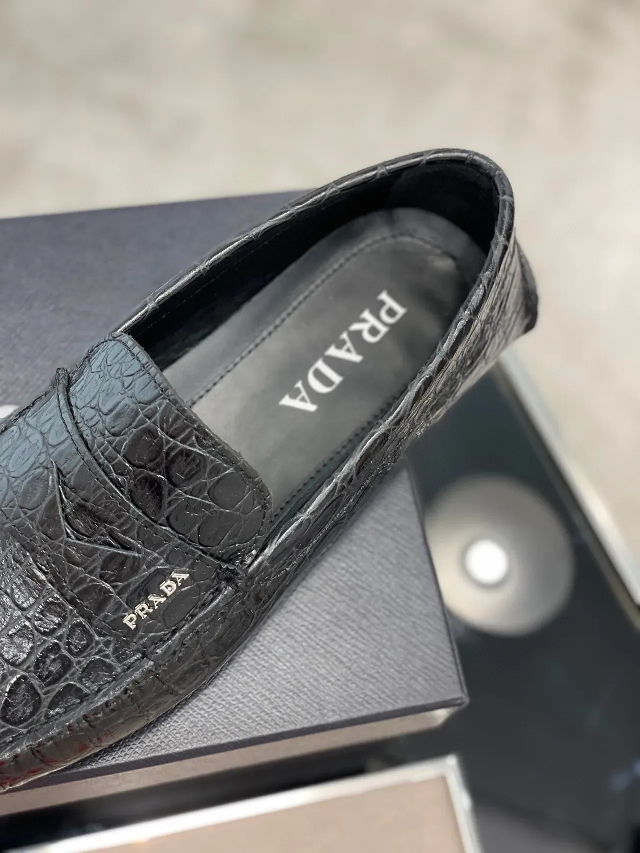 Prada Crocodile-Embossed Penny Loafer Black Loafers 3