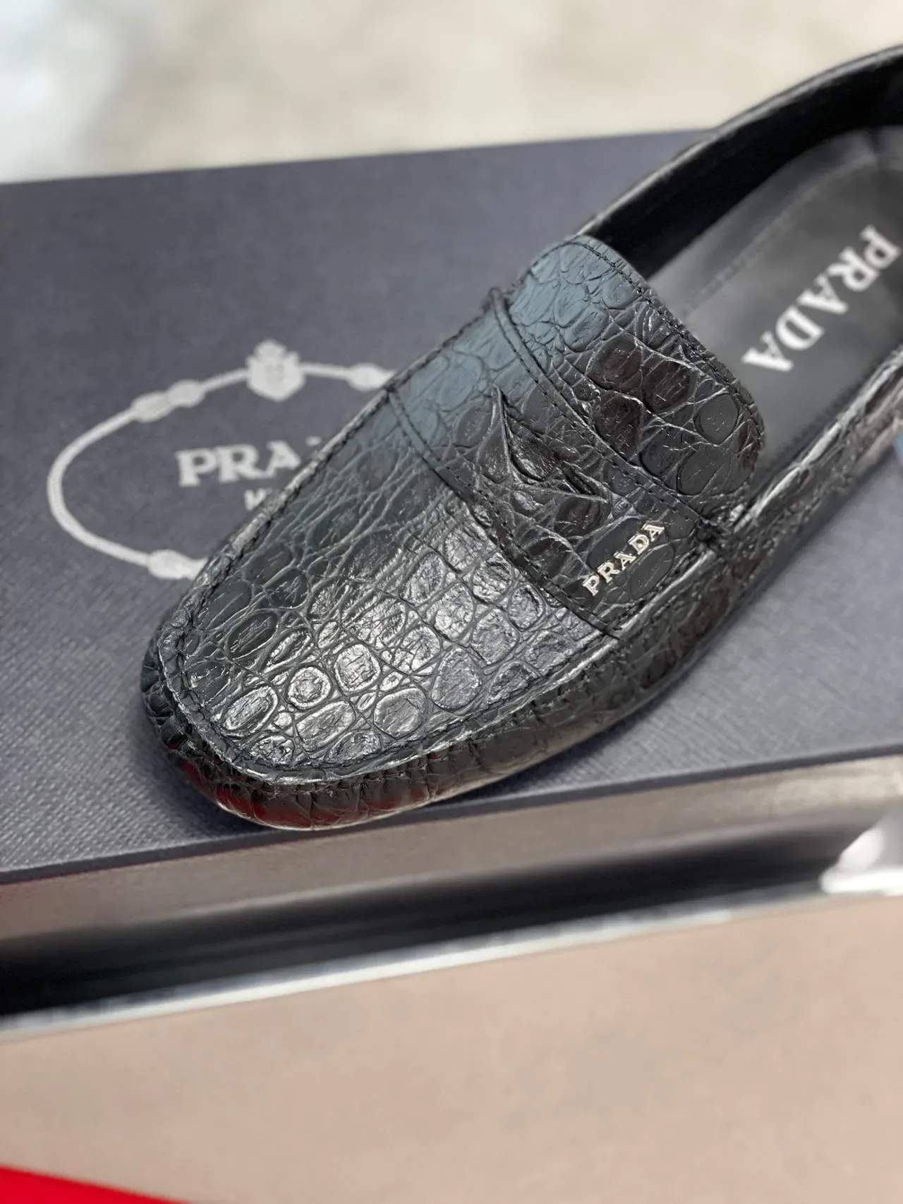 Prada Crocodile-Embossed Penny Loafer Black Loafers 4