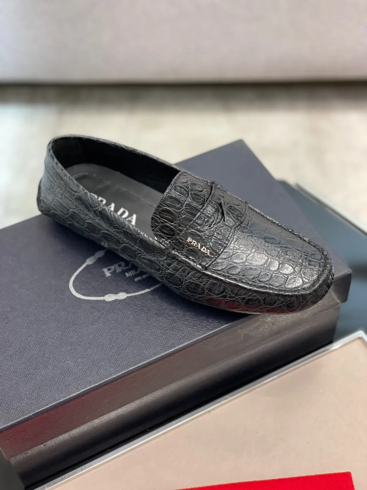 Prada Crocodile-Embossed Penny Loafer Black Loafers 5