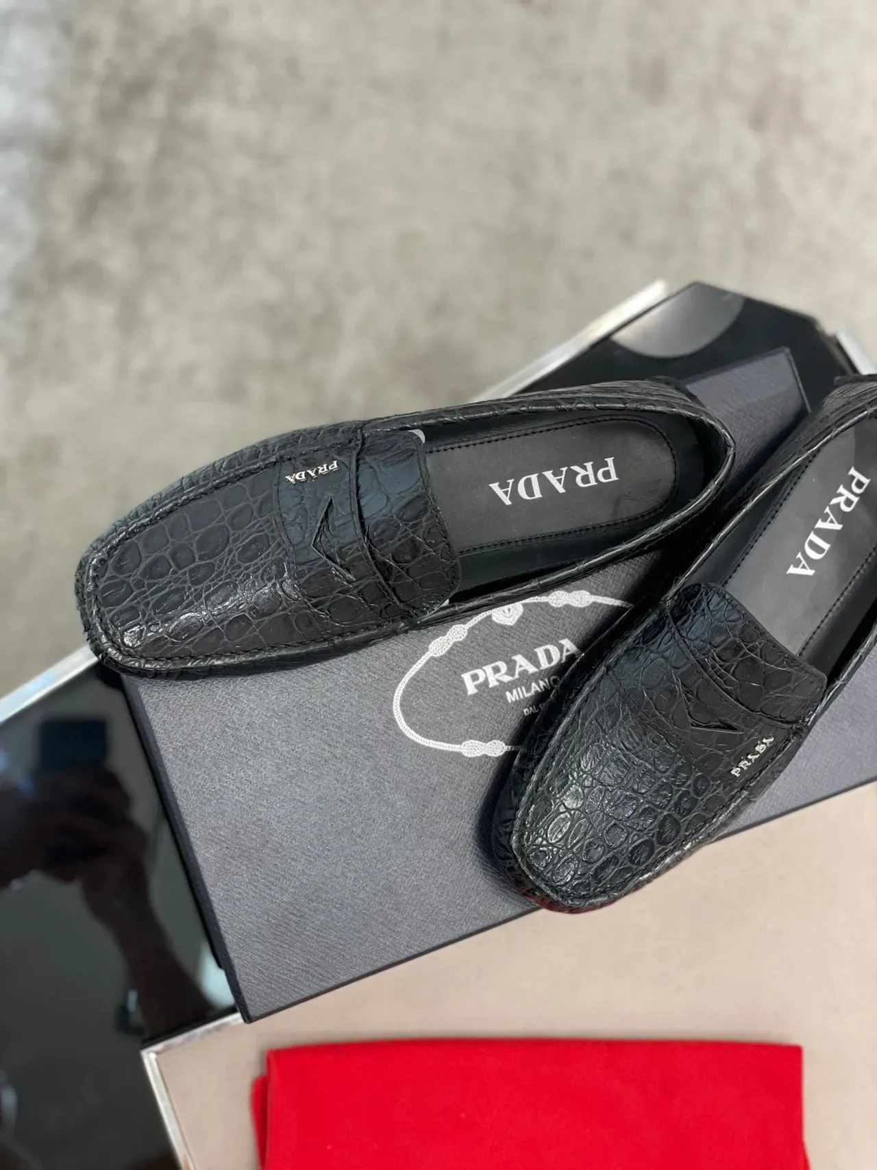Prada Crocodile-Embossed Penny Loafer Black Loafers 7