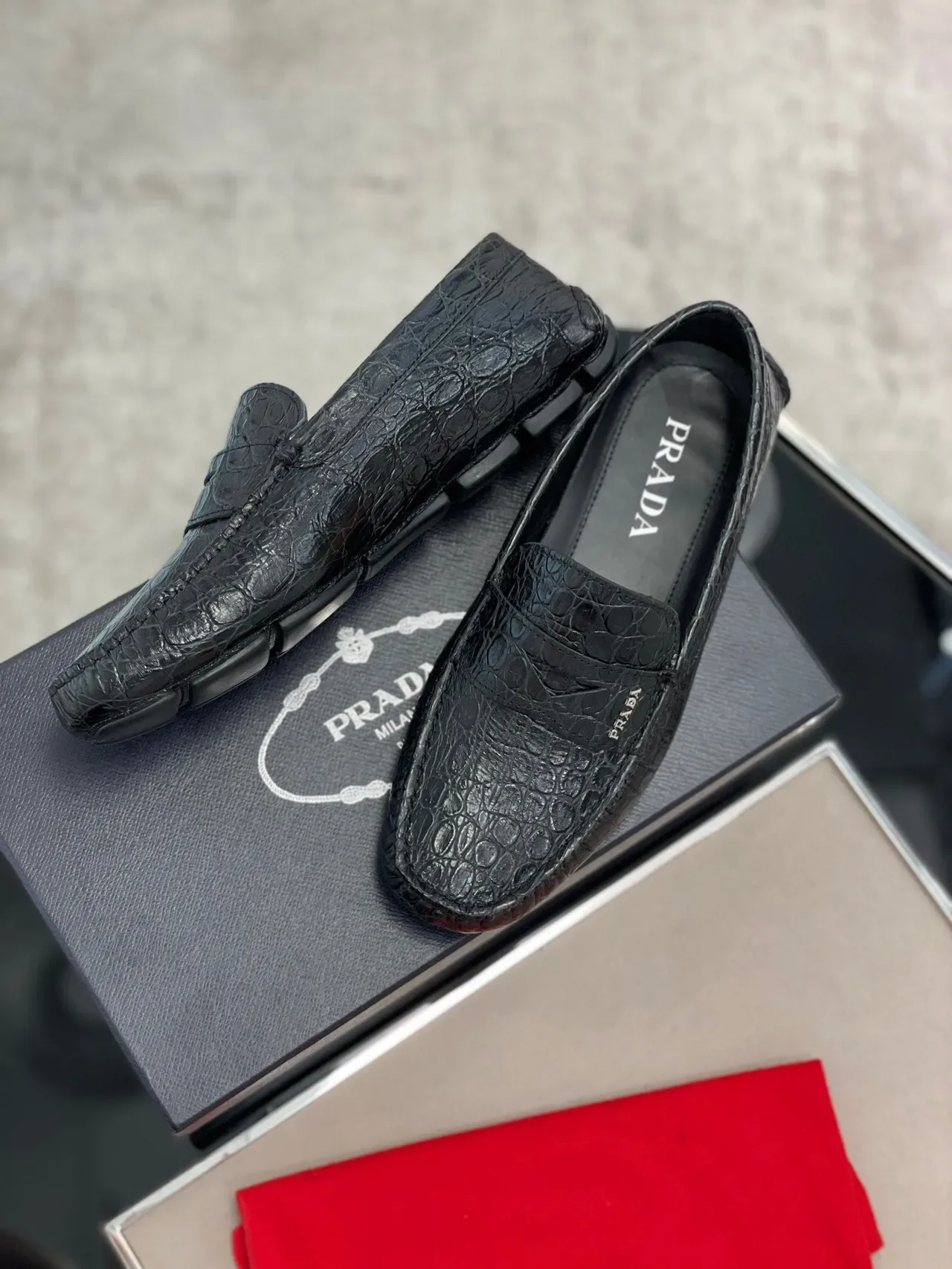Prada Crocodile-Embossed Penny Loafer Black Loafers 8