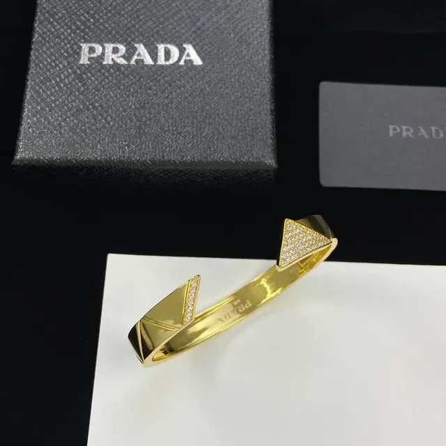 Prada Geometric Pavé Crystal Gold-Tone Open Cuff Bracelet 5