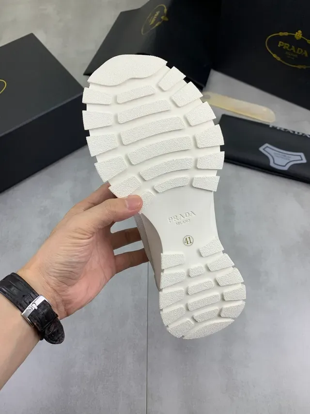 Prada Gray Beige Mixed-Material Upper Sculpted Chunky Sole Sneakers 2