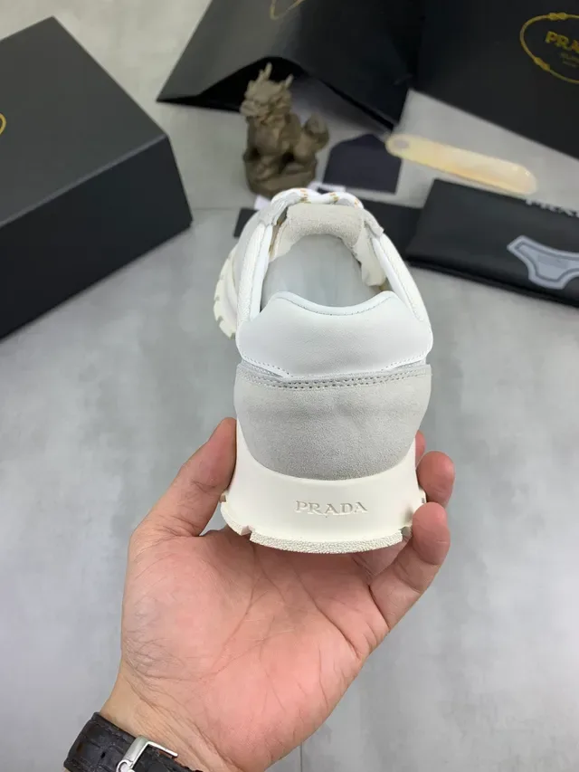 Prada Gray Beige Mixed-Material Upper Sculpted Chunky Sole Sneakers 3