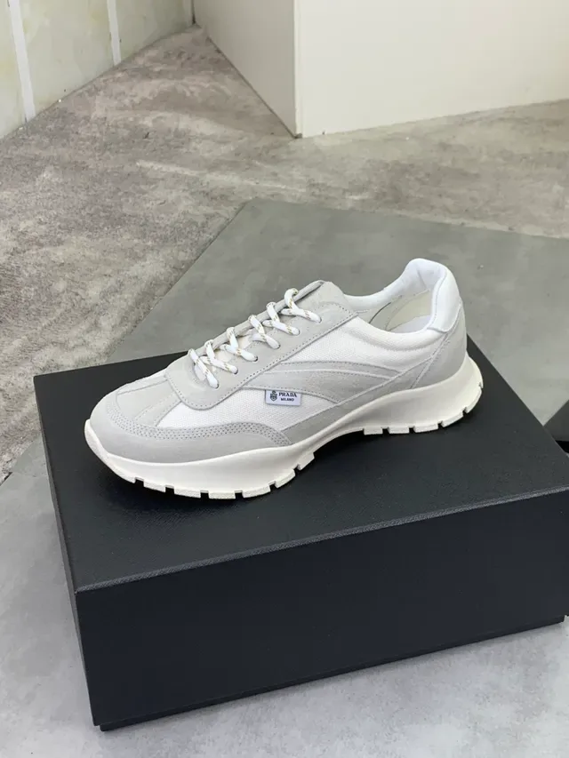 Prada Gray Beige Mixed-Material Upper Sculpted Chunky Sole Sneakers 4
