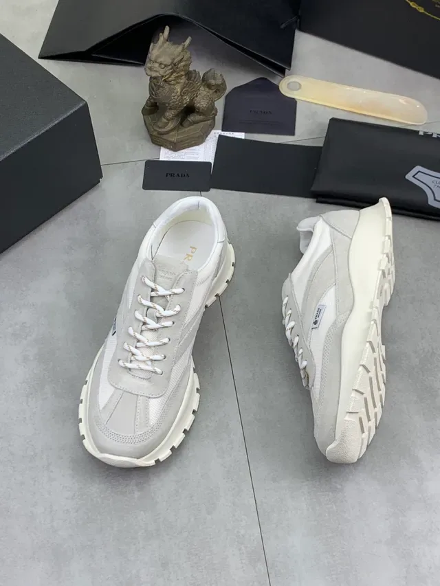 Prada Gray Beige Mixed-Material Upper Sculpted Chunky Sole Sneakers 5