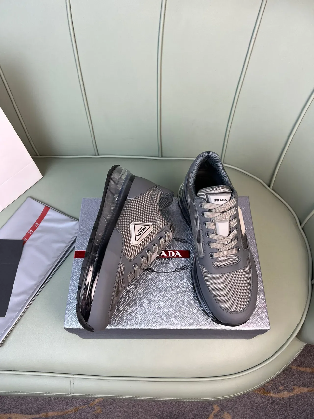 Prada Gray Black Mesh-and-Synthetic Upper Transparent Air-Cushion Midsole Lifestyle Sneakers 4