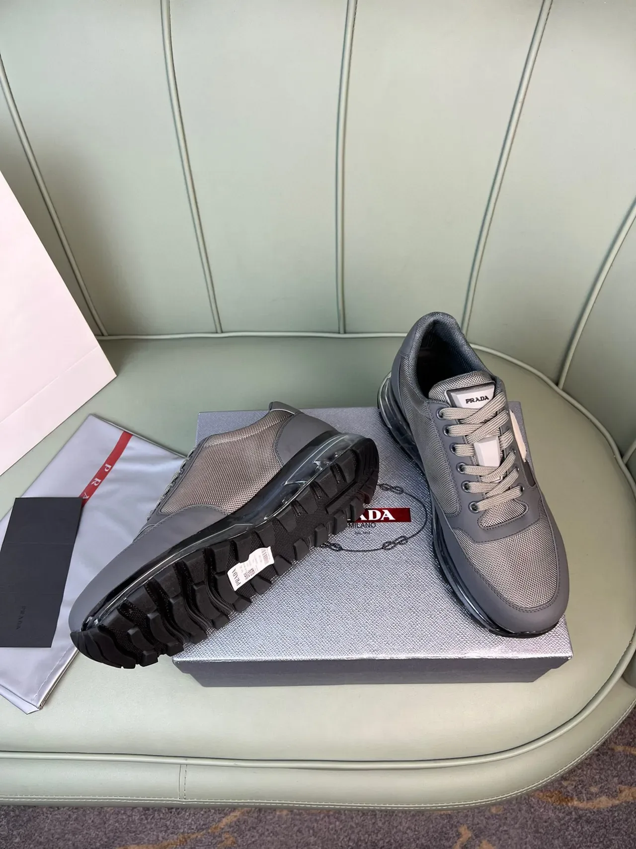 Prada Gray Black Mesh-and-Synthetic Upper Transparent Air-Cushion Midsole Lifestyle Sneakers 7