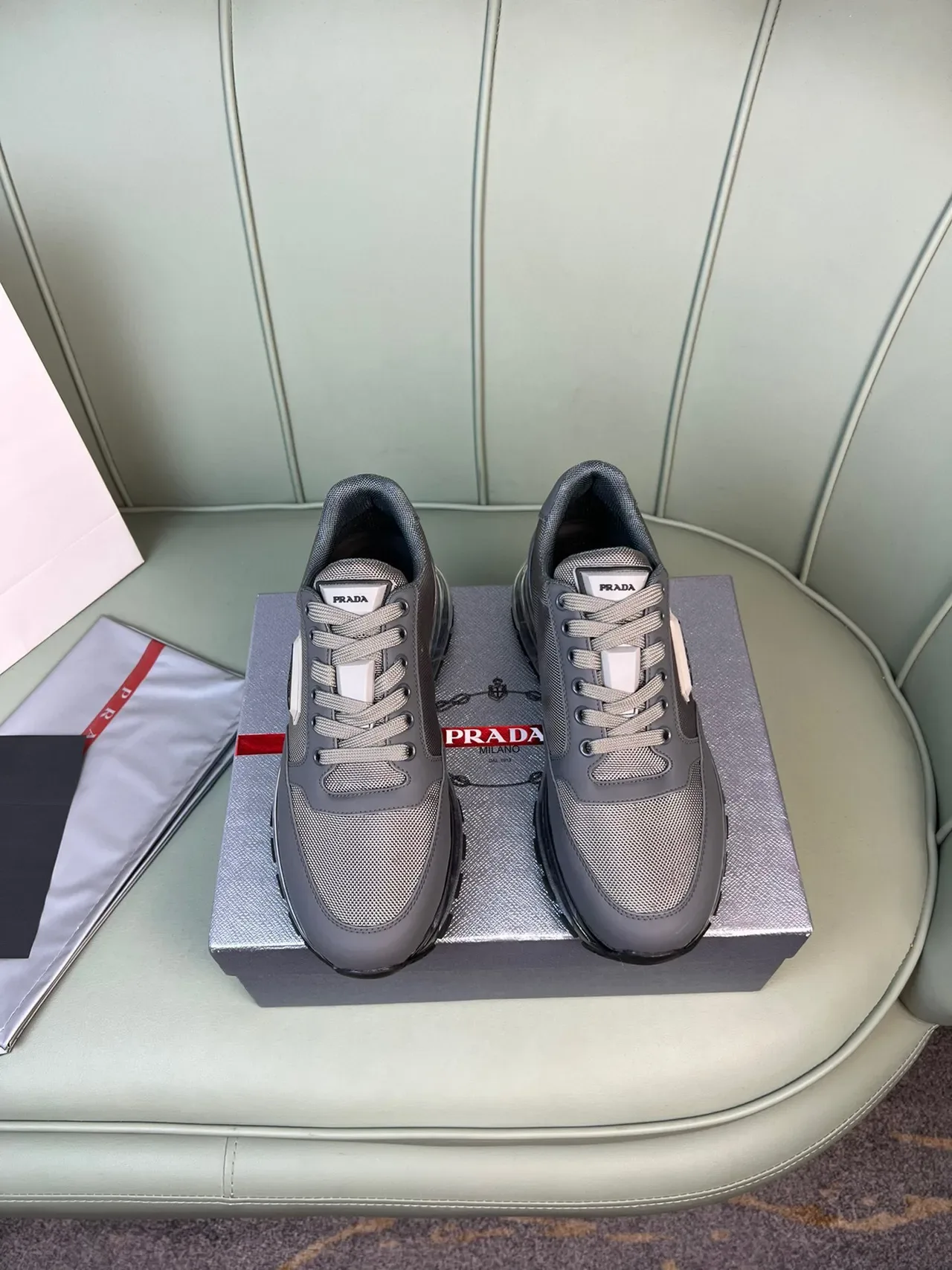 Prada Gray Black Mesh-and-Synthetic Upper Transparent Air-Cushion Midsole Lifestyle Sneakers 9