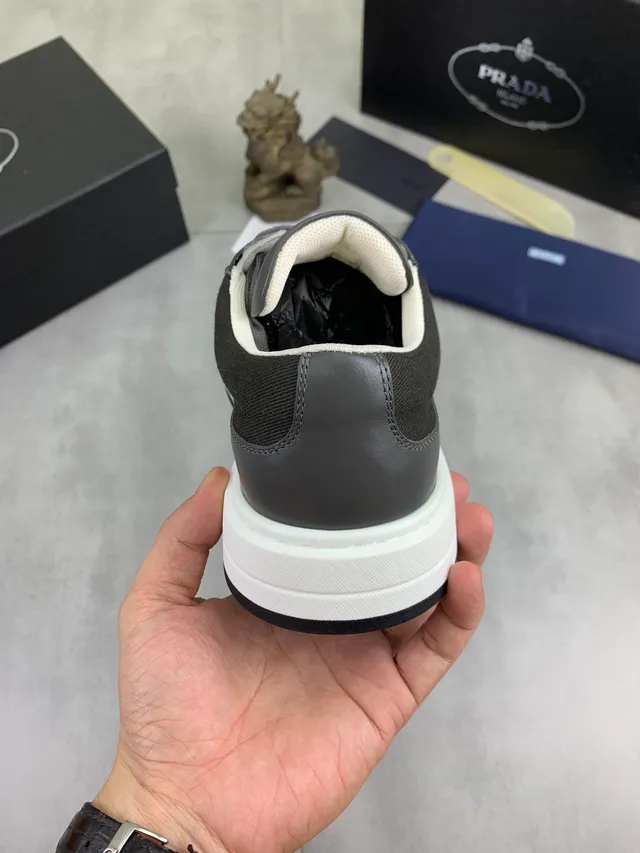 Prada Gray White Layered Leather And Mesh Upper Thick Platform Sole Lifestyle Sneakers 3