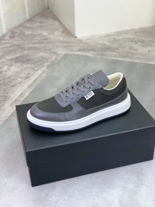 Prada Gray White Layered Leather And Mesh Upper Thick Platform Sole Lifestyle Sneakers 4