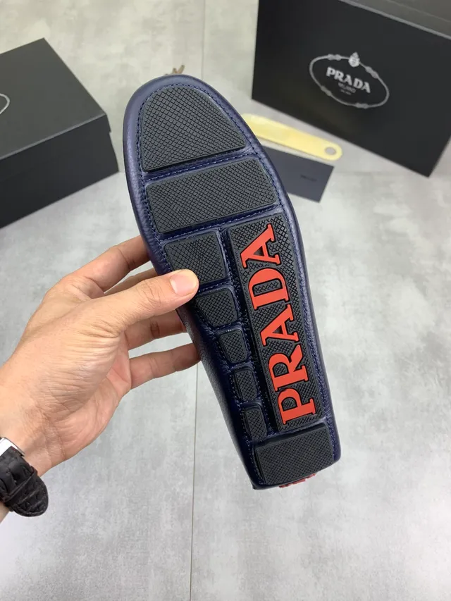 Prada Horsebit Loafer Navy Brown Pebbled Leather Buckle Loafer 3