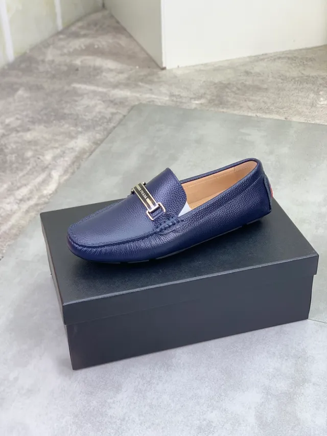 Prada Horsebit Loafer Navy Brown Pebbled Leather Buckle Loafer 4
