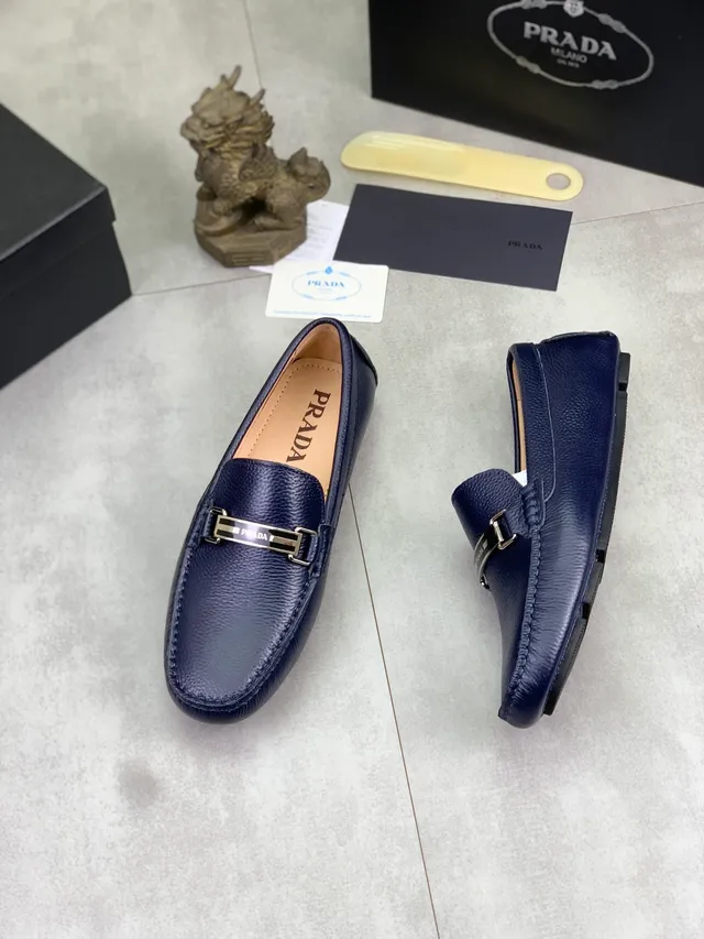 Prada Horsebit Loafer Navy Brown Pebbled Leather Buckle Loafer 5
