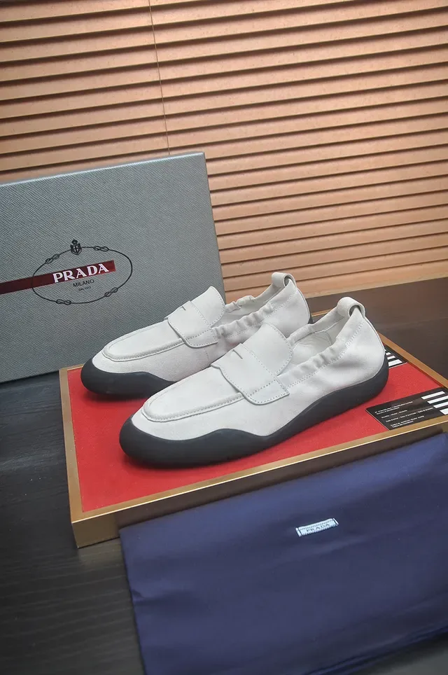 Prada Loafer Beige Black Suede-Like Upper Elasticated Collar Loafer 4