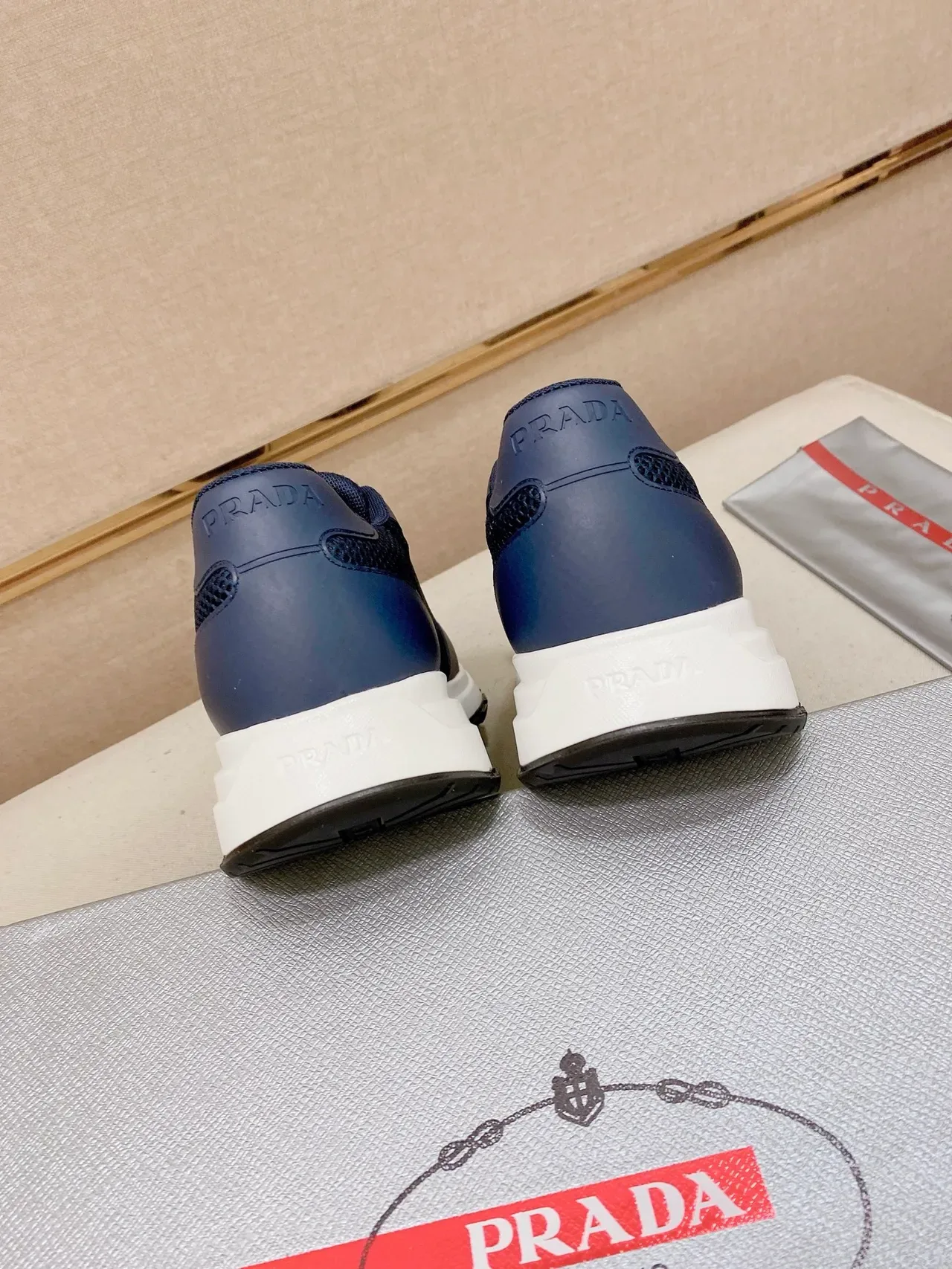 Prada Navy White Mesh-and-Synthetic Upper Triangular Logo Accent Lifestyle Sneakers 3