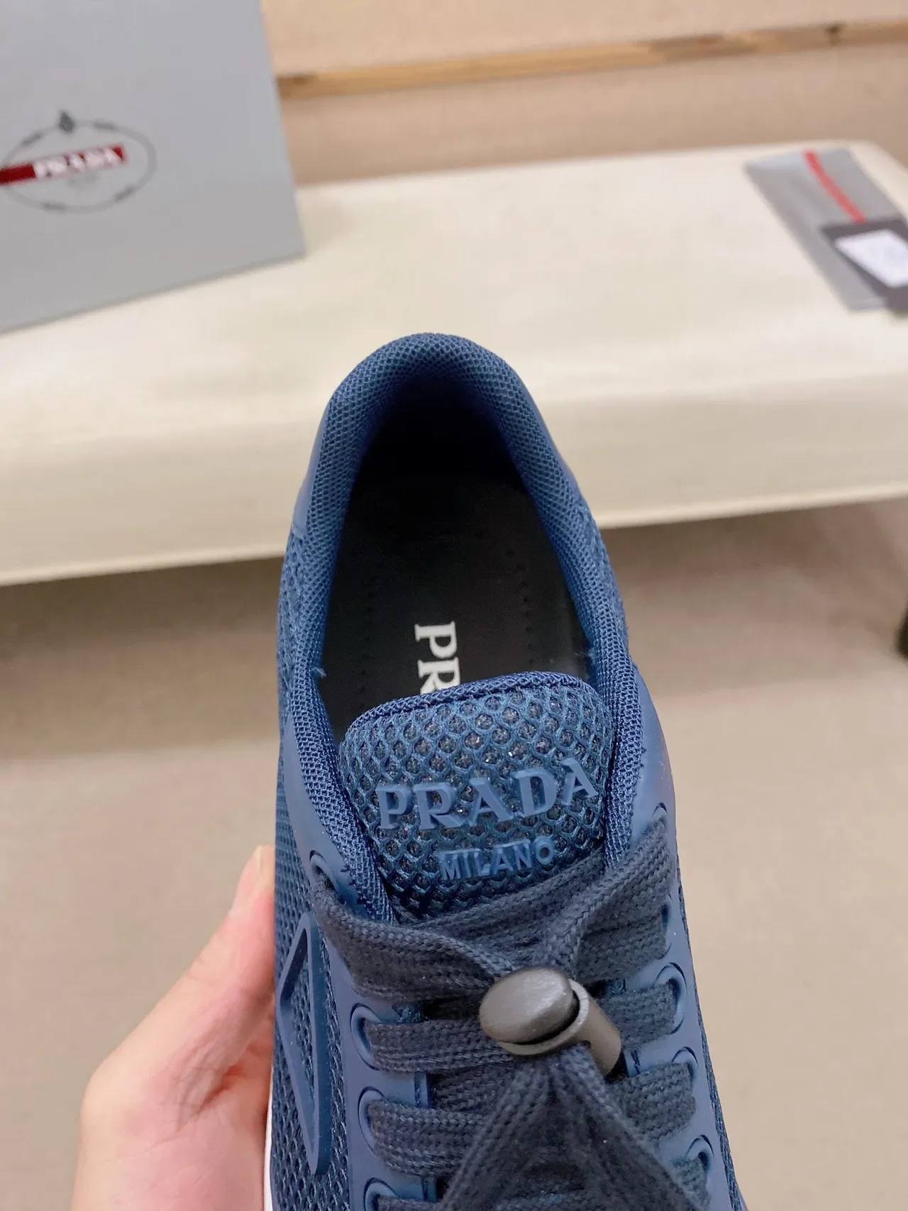 Prada Navy White Mesh-and-Synthetic Upper Triangular Logo Accent Lifestyle Sneakers 4