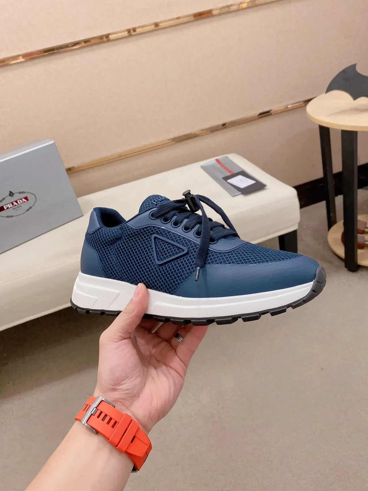 Prada Navy White Mesh-and-Synthetic Upper Triangular Logo Accent Lifestyle Sneakers 5