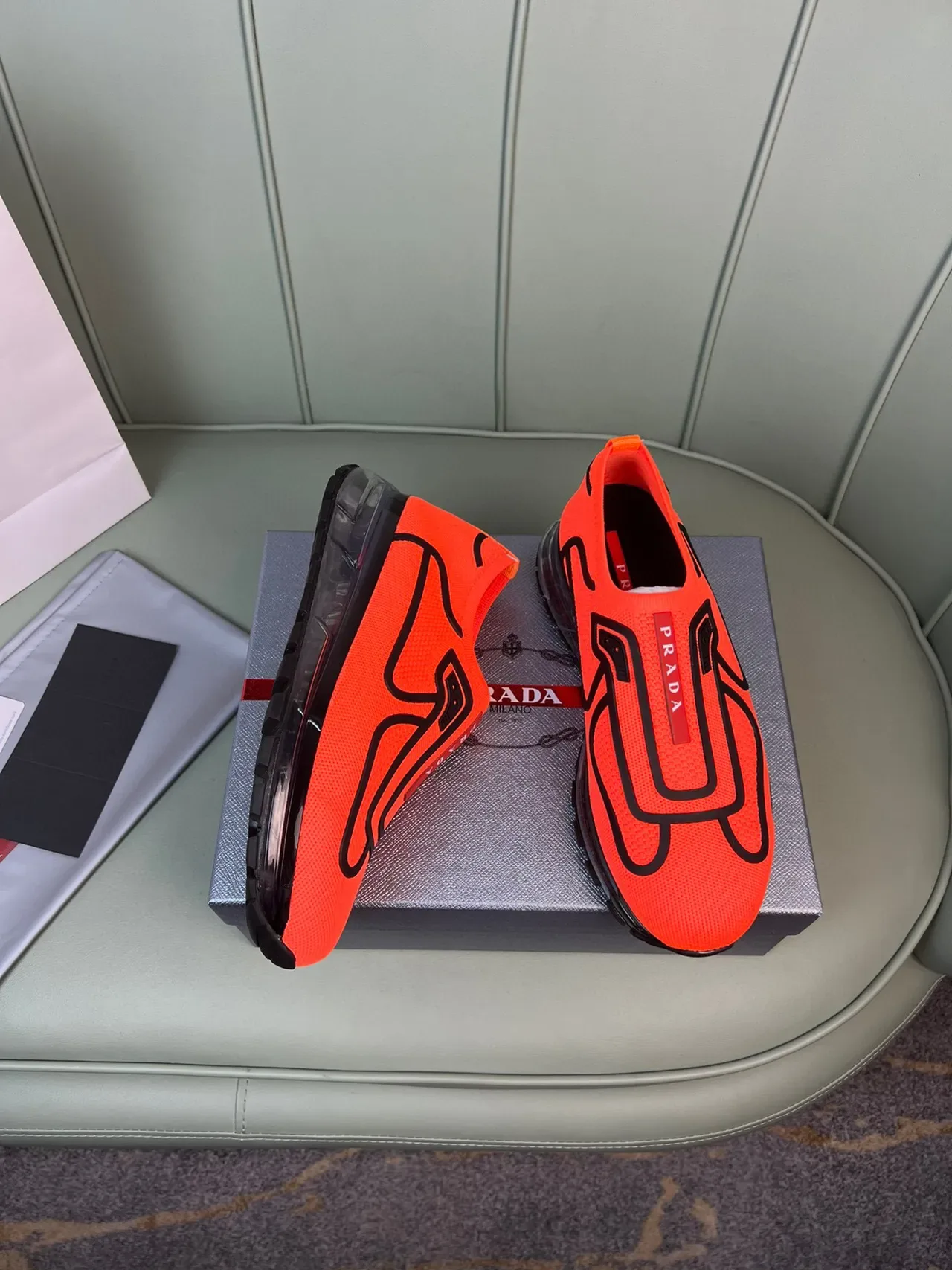 Prada Orange Black Knit Slip-On Oversized Logo Lifestyle Sneakers 5