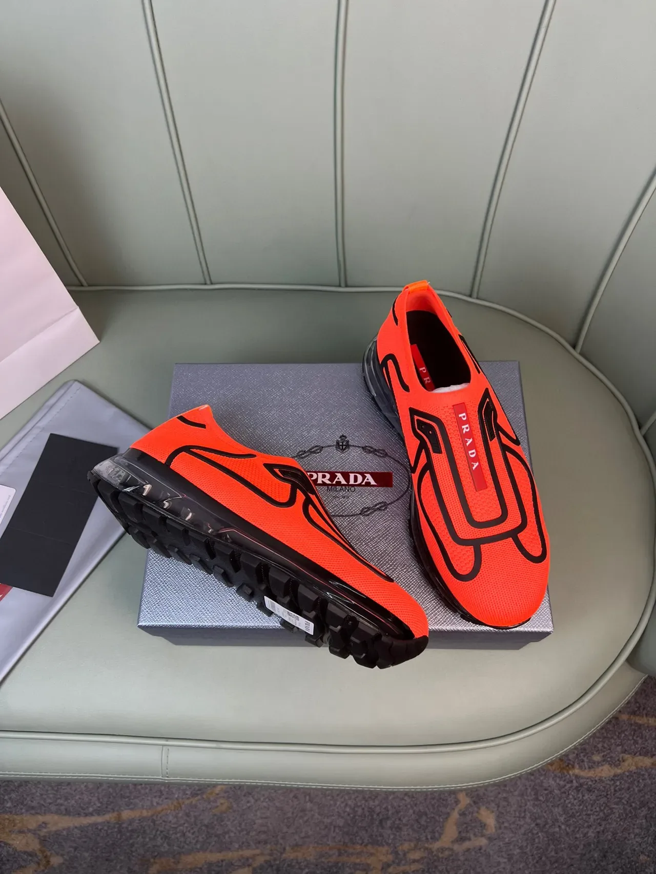 Prada Orange Black Knit Slip-On Oversized Logo Lifestyle Sneakers 7