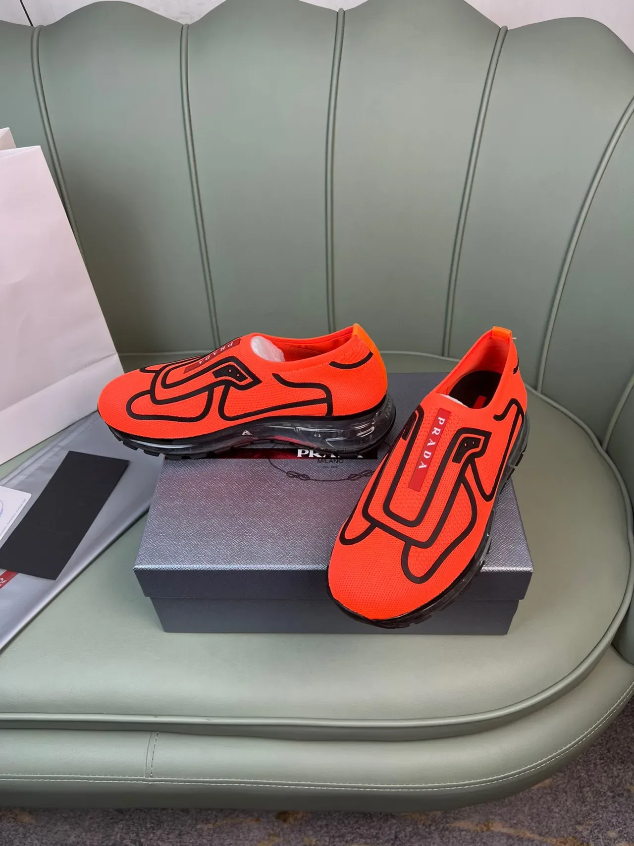Prada Orange Black Knit Slip-On Oversized Logo Lifestyle Sneakers 8