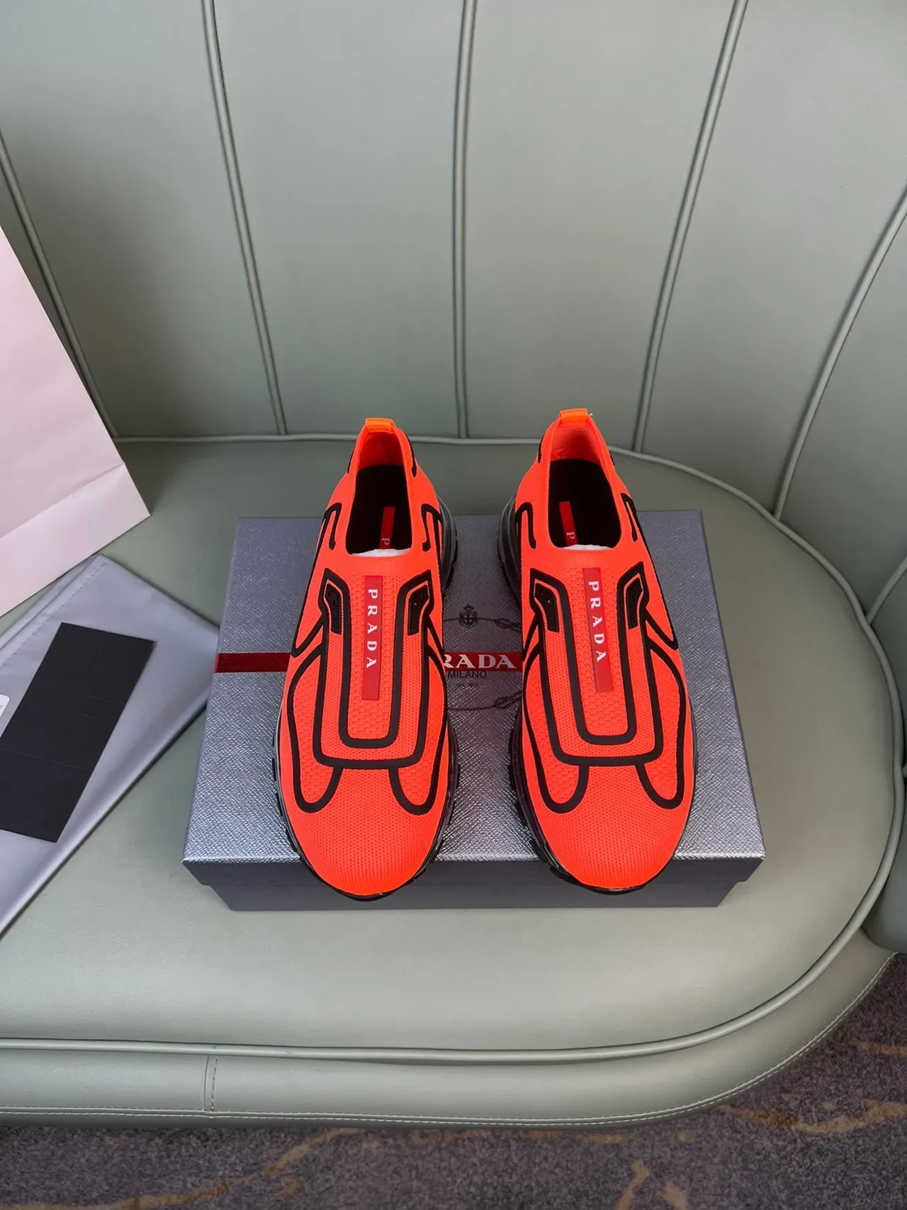 Prada Orange Black Knit Slip-On Oversized Logo Lifestyle Sneakers 9
