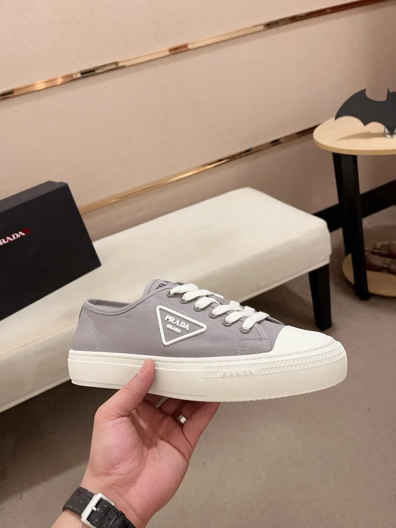 Prada Re-Edition Gray White Canvas Upper Rubber Toe Cap Lifestyle Sneakers 4