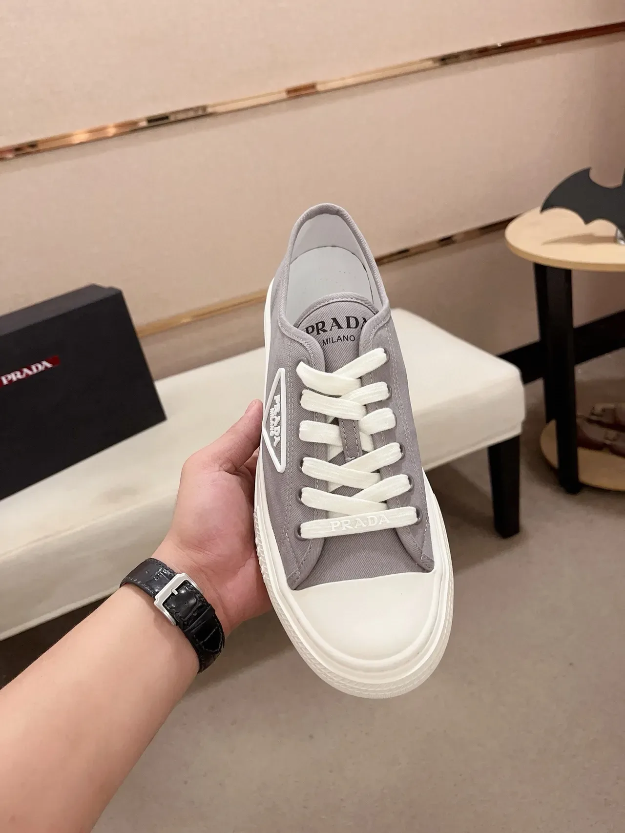 Prada Re-Edition Gray White Canvas Upper Rubber Toe Cap Lifestyle Sneakers 5