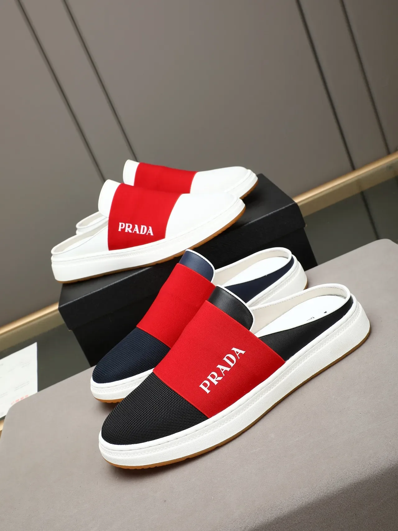 Prada Red Black Color-Blocked Elastic Strap Mesh And Leather Upper Casual Shoes 1